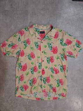 Men's IslandHaze Beige Tropical Print Short-Sleeve Button Down Shirt Size Large